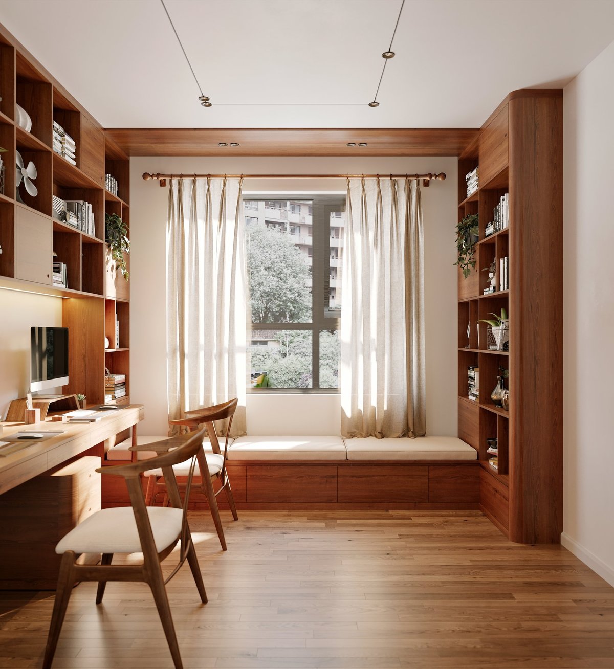 Designed study room with layered lighting